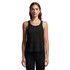 A black racerback tank top with a loose fit, featuring a logo on the chest area.