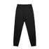 Black track pants with a fitted design and an elastic waistband, featuring cuffs at the ankles.
