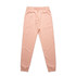 Light pink track pants with a drawstring waistband and cuffed ankles, featuring a logo on the waistband.