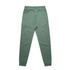 A pair of green premium track pants with an elastic waistband and ribbed cuffs. The pants have a logo.