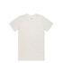 A plain organic T-shirt in a light cream colour, featuring a simple design and a logo on the label.