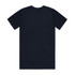A navy blue organic t-shirt with a plain back and short sleeves, featuring a logo on the neck.