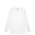 A white long-sleeve T-shirt with a logo on the label. Simple and classic design.
