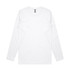 A long-sleeve white T-shirt with a crew neck and a label at the collar. It features a logo.