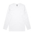 A white long-sleeve t-shirt with a crew neck and a logo on the label.