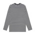 A long-sleeve T-shirt featuring horizontal black and white stripes, with a simple design and a branding logo.