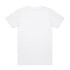 A plain white t-shirt featuring a short sleeve design and a branding label on the neckline.