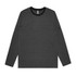 A long-sleeved striped T-shirt in black and grey with a round neckline and a logo.