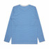 A long-sleeve T-shirt featuring blue and white horizontal stripes, with a crew neckline and a branding logo.