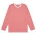 A long-sleeve tee featuring red and white horizontal stripes, with a white crew neckline and a logo.