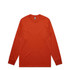 A long-sleeved t-shirt in a vibrant orange colour, featuring a label and branding.