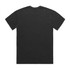 A black t-shirt with a classic cut and short sleeves, featuring a logo on the back.