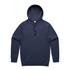 A navy hoodie with a kangaroo pocket and a drawstring hood, featuring a logo. 