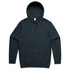 A dark green hoodie featuring a front pocket and a drawstring hood, with a branding label inside.