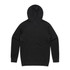 A black hoodie with a hood and long sleeves, featuring a logo on the back.