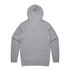 A grey hoodie with a kangaroo pocket and a hood, featuring a branding logo on the back.