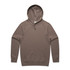 A khaki premium hoodie featuring a kangaroo pocket and a drawstring hood, with a logo present.