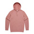 A soft pink hoodie with a front pocket and a drawstring hood, featuring raglan sleeves and a logo.