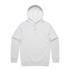A grey hoodie featuring a front pocket and a drawstring hood, with a logo on it.