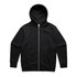 A black zip-up hoodie featuring a hood and front pockets, with a small logo on the chest.