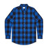 A blue and black check shirt with button-up front and two chest pockets, featuring a logo on the label.