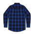 A blue and black check button-up shirt featuring a classic collar and long sleeves. The shirt has a logo.