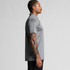 A grey polo shirt worn by a man, featuring short sleeves and a collar, with a visible logo on the chest.