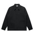 A black heavy canvas jacket featuring a zippered front and two large pockets, with a logo on the chest area.