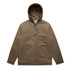 A heavy hooded jacket in khaki, featuring a hood and two front pockets, with a quilted lining inside.