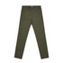 Olive green slacks with a straight leg design, featuring pockets and branding on the waistband.