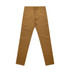 A pair of tan standard pants displayed flat. The pants feature a button closure and pockets, with a logo present.