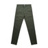 A pair of green slacks featuring a logo on the waistband, laid flat.