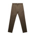 Olive green slacks with a slim fit, featuring a belt loop and button closure, and a logo on the waistband.