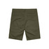 A pair of olive green dress shorts with a logo and two back pockets.
