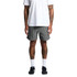 A pair of grey swim shorts with a loose fit, featuring an elastic waistband and a logo detail.