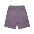 A pair of purple sports shorts featuring an elastic waistband and a back pocket, with a small logo.