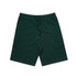 Dark green sports shorts featuring an elastic waistband and drawstring, with a logo present on the garment.