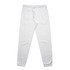 White track pants with an elastic waistband and cuffs, featuring a drawstring and a logo.