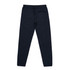A pair of navy track pants with a drawstring waist and a fitted silhouette. Features a branding logo.