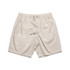 Beige 18" walk shorts featuring an elastic waistband and drawstring, with side pockets and a branding logo.