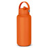 A drink bottle in bright orange featuring a handle and a secure lid. It has a logo on the body.