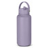 A drink bottle in a soft lavender colour with a handle and a screw-on lid, featuring a logo.