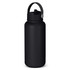 A drink bottle in matte black, featuring a handle and a sealed cap, with a logo on the front.