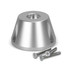 A silver lockable phone pouch with a circular base and four screws for attachment.