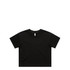 A black T-shirt with a round neckline and short sleeves. Features a logo on the front.