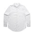 A white button-up shirt with long sleeves and a single chest pocket, featuring a logo.