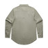 A green button-up linen shirt with long sleeves and a classic collar, featuring a logo on the label.