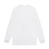 A long-sleeve white T-shirt with a simple design and a logo on the back.