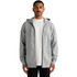 A grey zip-up hoodie displayed on a model, featuring a hood and front pockets, with a plain white tee underneath.