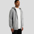 A grey zip-up hoodie with a front pocket, worn by a man. The garment has a hood and a relaxed fit.